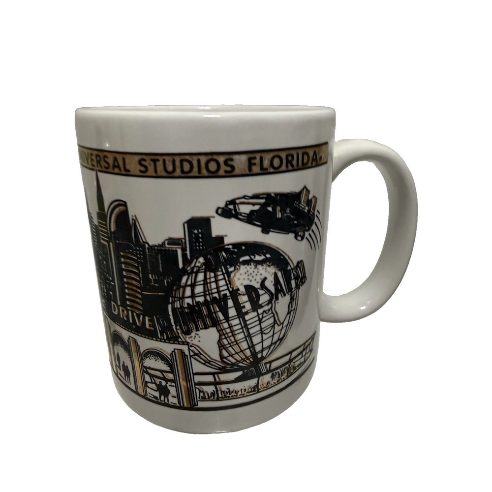 90s Universal Studios Florida  White & Gold Coffee Mug Souvenir Amusement Park